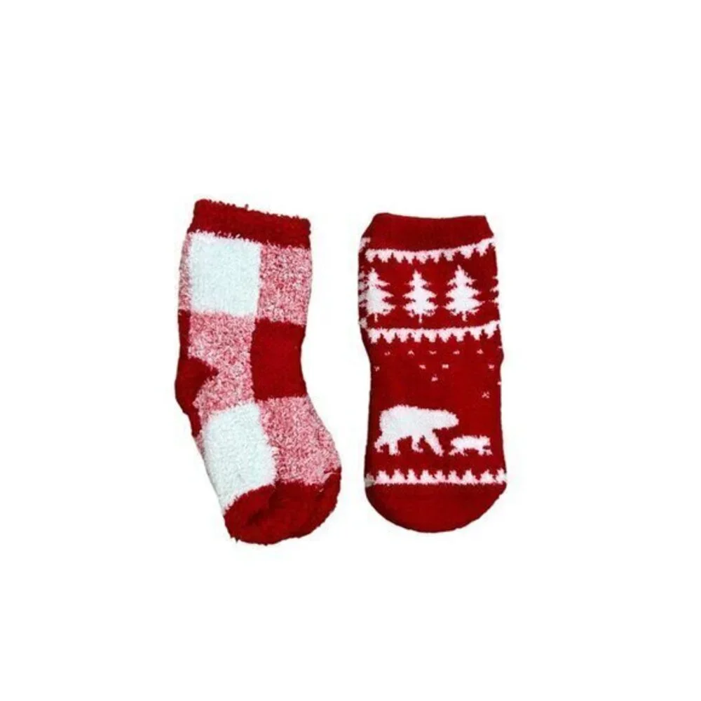 Cozy Red & White Fuzzy Winter Socks With Bear & Tree Pattern